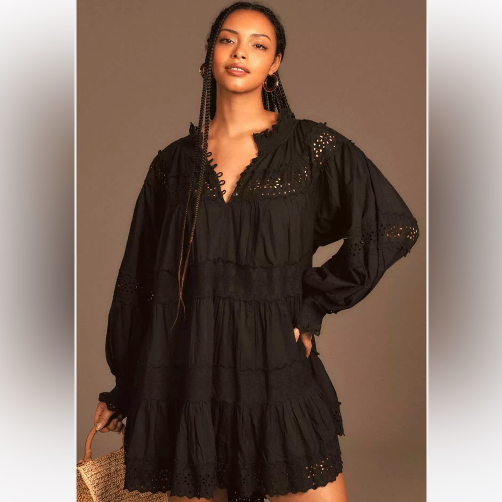 Anthropologie Maeve Long-Sleeve Lace Mini Dress Black Eyelet Babydoll sz Medium